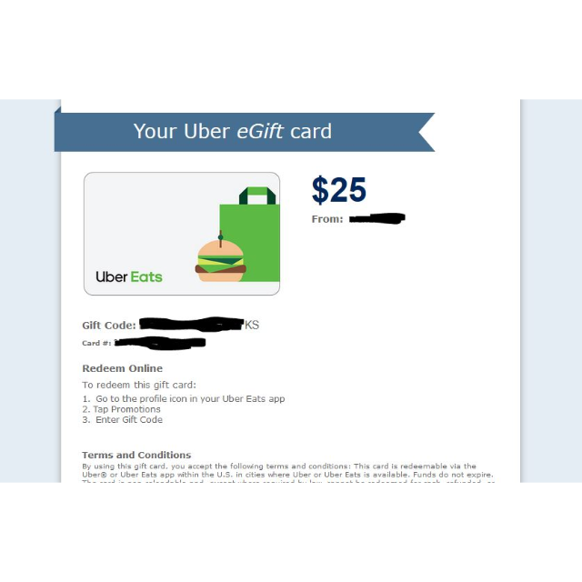 25.00 Uber Eats (INSTANT DELIVERY) Uber Eats Gift Cards