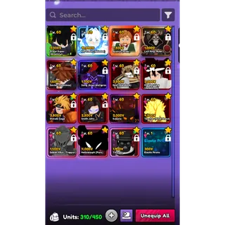 Anime Vanguards (AV) VNG Account - 12 Monarchs (Shiny Rukia, Broly, Ainz, Escanor, Ichigo, Sung Jinwo, Sukuna, Gohan,...)