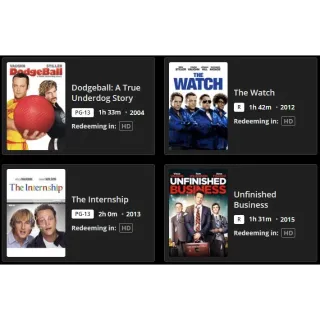 Dodgeball, The Watch, The Internship & Unfinished Business Movies Anywhere HD