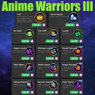 Anime Warriors III all gamepasses - VIP and Extra Equip