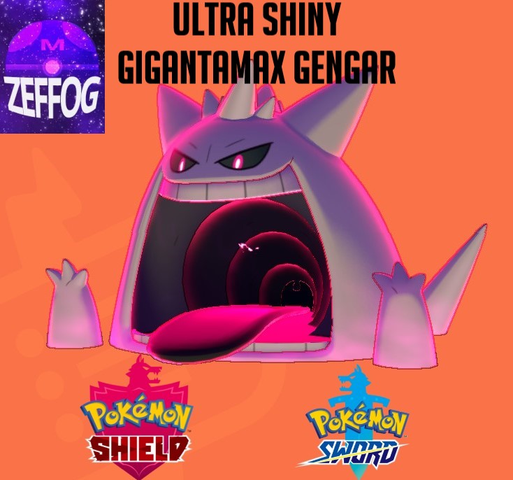 Can someone change the colors of Mega Gengar and Gigantamax Gengar to their  shiny colorations in this image? And change background color to light  blue? Regular Gengar isn't too different from it's