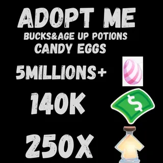 candy eggs and bucks and age up potions- adopt 