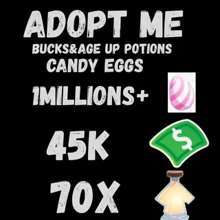 candy eggs and bucks and age up potions- adopt 