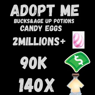 candy eggs and bucks and age up potions- adopt 