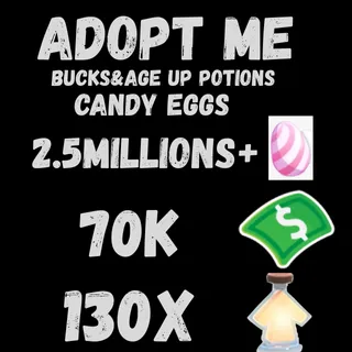 candy eggs and bucks and age up potions- adopt 