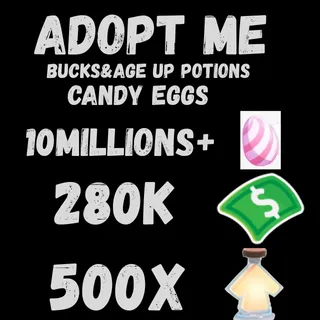 candy eggs and bucks and age up potions- adopt 