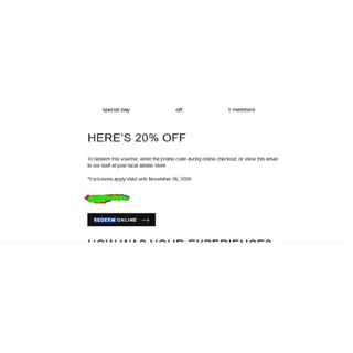Adidas 20% per item. Up to $400 off (MAX)