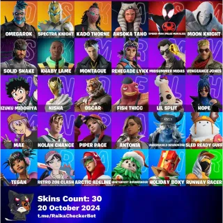 Fortnite Account - 30 Skins - Spider-Man, Moon Knight, Solid Snake, Khaby Lame [PC] 