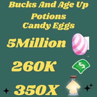 candy eggs and bucks and age up potions- adopt me