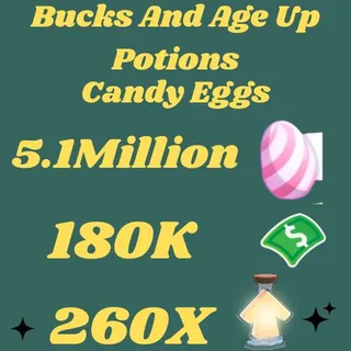 candy eggs and bucks and age up potions- adopt me