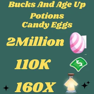 candy eggs and bucks and age up potions- adopt me