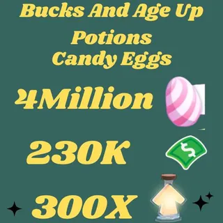 candy eggs and bucks and age up potions- adopt me