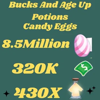 candy eggs and bucks and age up potions- adopt me