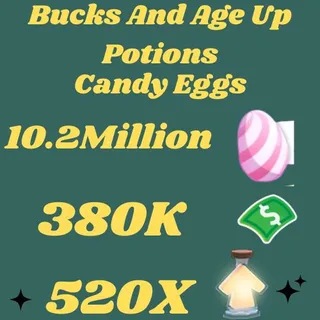 candy eggs and bucks and age up potions- adopt me