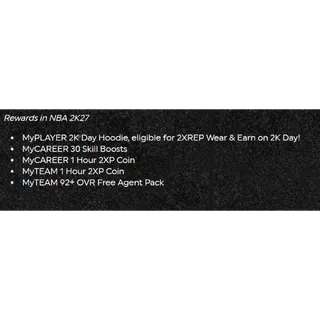 NBA 2K27 Locker Codes💎MyTEAM 92+ OVR Free Agent Pack+MyPLAYER 2K Day Hoodie