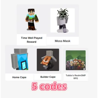Minecraft  Moss Mask+Time Well Played Reward+Home Cape+Builder Cape+Tubbo’s RealmSMP RPG