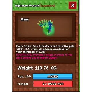 15s NIGHTMARE PEACOCK 100 kg+ Grow a Garden GAG 