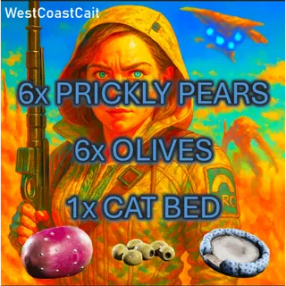 6x Prickly Pears, 6x Olives, 1x Cat Bed
