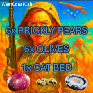 6x Prickly Pears, 6x Olives, 1x Cat Bed