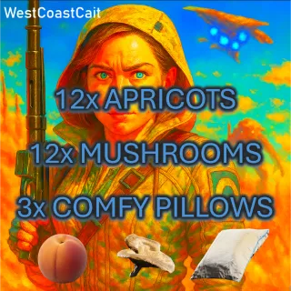 12 Apricots, 12 Mushrooms, 3 Comfy Pillows