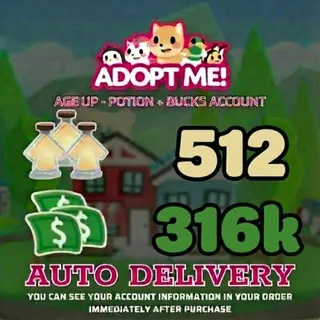 Adopt Me |316k Bucks + 512Age Up Potions (Full Access) - ⚡Instant Delivery!⚡
