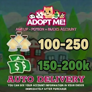 Adopt Me | 150-200k Bucks + 100-250 Age Up Potions (Full Access) - ⚡Instant Delivery!⚡