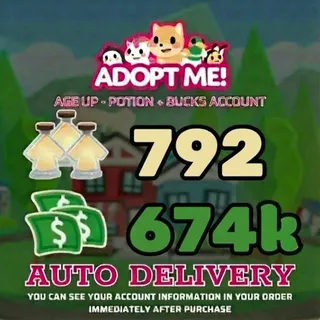 Adopt Me | 674K Bucks + 792 Age Up Potions (Full Access) - ⚡Instant Delivery!⚡