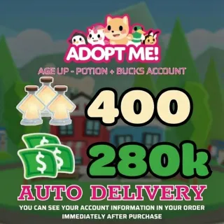 Adopt Me | 280K Bucks + 400 Age Up Potions (Full Access) - ⚡Instant Delivery!⚡