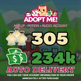 Adopt Me | 234K Bucks + 305 Age Up Potions (Full Access) - ⚡Instant Delivery!⚡