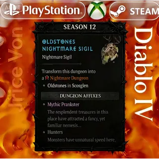 Diablo 4  S12⭐1x Run T4 Sigil Nightmare Mythic Prankster (1x Mythic Uniques+1x Resplendent Spark Per Run)⭐Divine Intervention