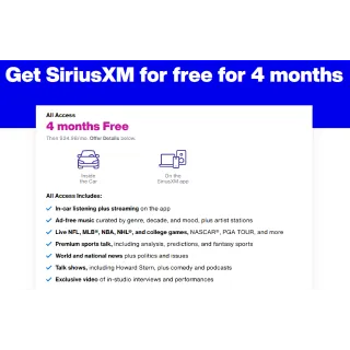 SiriusXM CAR + APP 4 Months (New Subscribers Only) All Access Trial