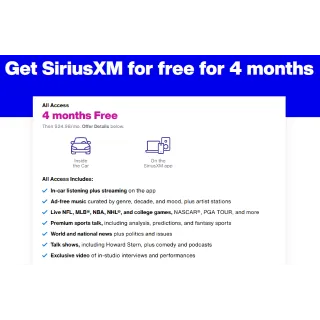 SiriusXM CAR + APP 4 Months (New Subscribers Only) All Access Trial