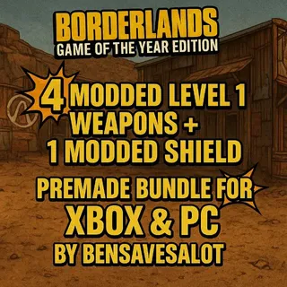 MODDED level 1 gear bundle 1 shield 4 weapons (xbox/pc) pre made