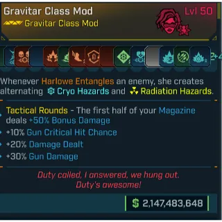 modded crazy gravitar class mods over 500 skill harlowe