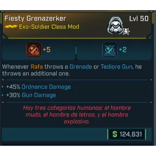 god-roll fiesty grenazerker (ordnance & gun dmg)(confeti 5) leveling 50