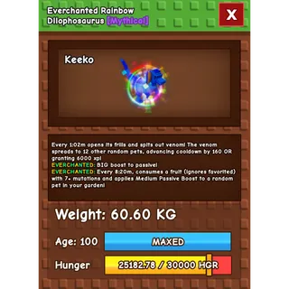 Everchanted Rainbow Dilophosaurus Age 100 Weight 60kg ++ Ability Every 1:02m spread to 12 other pet and granting 6000Xp