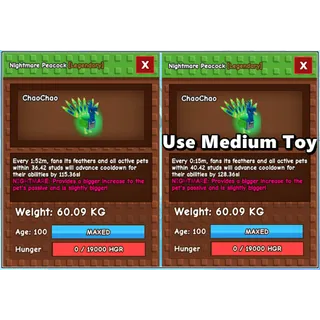 Nightmare Peacock Age 100 Weight 60kg ++ Ability Cooldown 15 Second Using Medium Toy