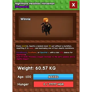 Nightmare Headless Horseman Age 100 Weight 60kg ++