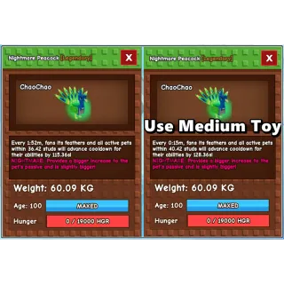 Nightmare Peacock Age 100 Weight 60kg ++ Ability Cooldown 15 Second Using Medium Toy