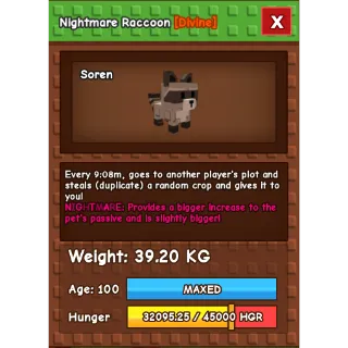 Nightmare Raccoon Age 100 Weight 38KG ++
