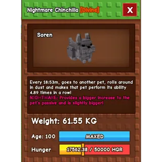 Nightmare Chinchilla Age 100 Weight 60KG ++