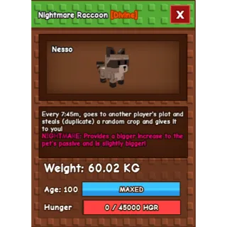 Nightmare Raccoon Age 100 Weight 60kg ++