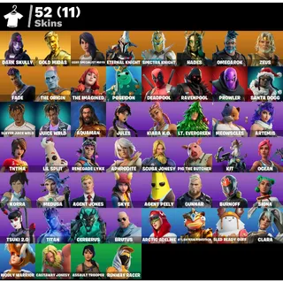 Fortnite account 52 skins , 79 emotes , 110 pickaxes ⛏️ ,  Dark Skully  🔥, Gold Midas , Travis glider 🔥, Works all platforms✅