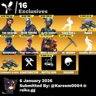 Fortnite account Reaper + Blue Knight + Elite Agent + mako glider + 2300 vbucks + Email changeable ✅ + works all platforms ✅