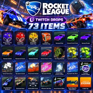 73 Items | 44 Cases + Very Rare + Import + Exotic + Inferno Collection | Rocket League Twitch Drops