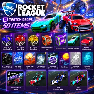 50 Items | 36 Cases RLCS 2025 + Bodies + Wheels + Decals + Goal Explosions | Rocket League Twitch Drops