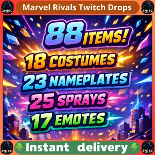 88 Items | 18 Costumes | 23 Nameplates | 25 Sprays | 17 Emotes | Marvel Rivals Twitch Drops
