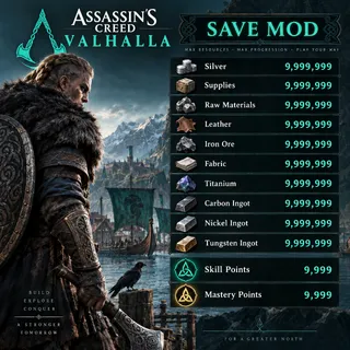  Assassin's Creed Valhalla | 9999 Skill Points + 9999 Silver + 9999 Materials + 9999 Mastery Points | Modded Save PS