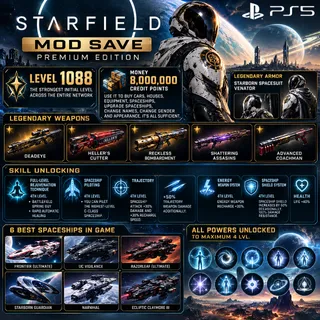 Starfield Mod Save | LVL 1088 + 8 million credit points + All Weapon + Skill unlocking | PS5