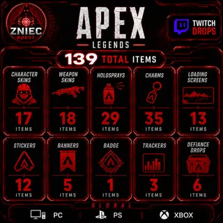 139 Items | Hero Skins | Weapon Skins | Holosprays | Charms | Apex Legends Twitch Drops